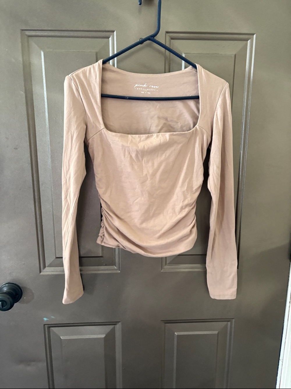 Pink Rose Taupe Long Sleeve Square Neck Ruched Top